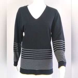 CHICO'S Design Black White Stripe Yellow Trim V-Neck Sweater Sz 2 (12)